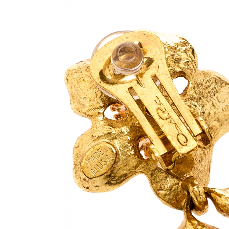 Pre Owned Oscar de la Renta Flower Two Tone Clip-on Drop Earrings