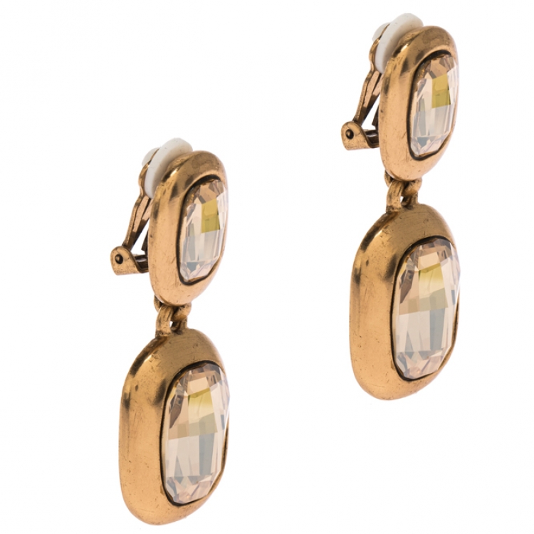 Pre Owned Oscar de la Renta Crystal Bronze Tone Clip-on Drop Earrings