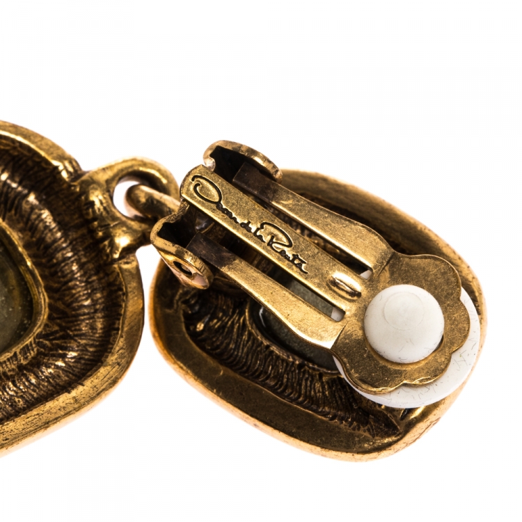 Pre Owned Oscar de la Renta Crystal Bronze Tone Clip-on Drop Earrings