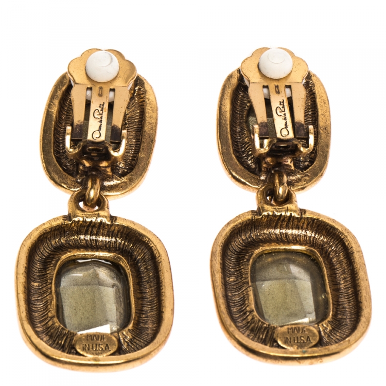 Pre Owned Oscar de la Renta Crystal Bronze Tone Clip-on Drop Earrings