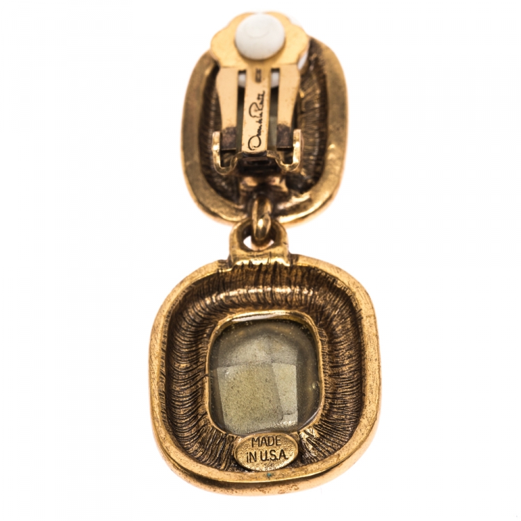 Pre Owned Oscar de la Renta Crystal Bronze Tone Clip-on Drop Earrings