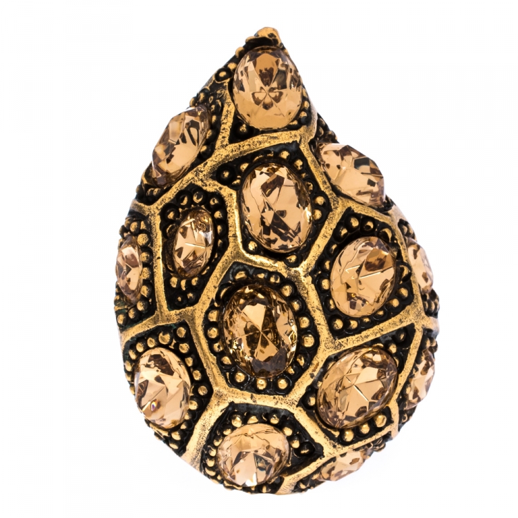 Pre Owned Oscar de la Renta Crystal Embellished Gold Tone Clip-on Drop Earrings & Ring Set