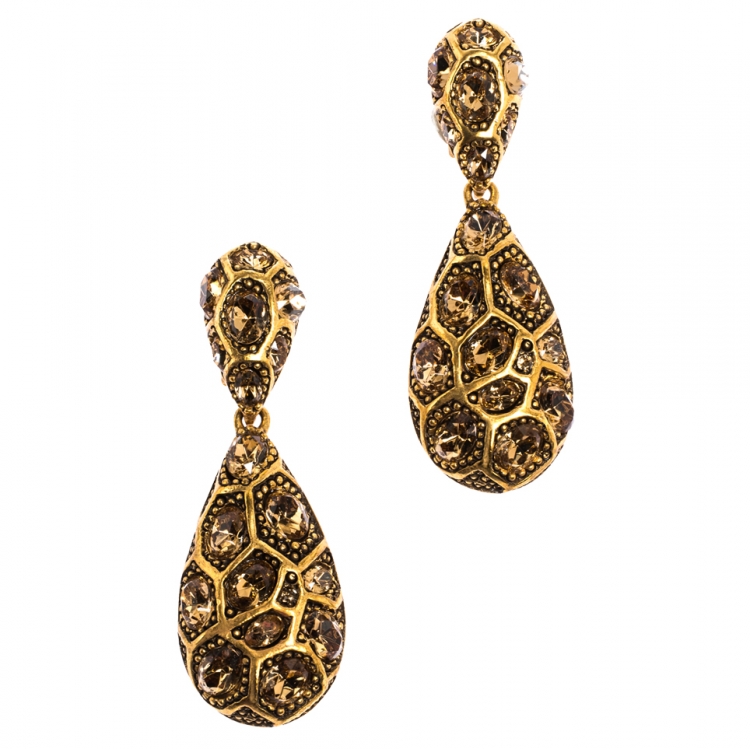 Pre Owned Oscar de la Renta Crystal Embellished Gold Tone Clip-on Drop Earrings & Ring Set