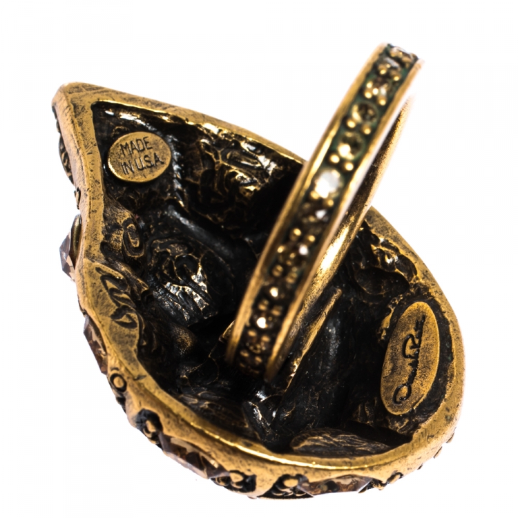 Pre Owned Oscar de la Renta Crystal Embellished Gold Tone Clip-on Drop Earrings & Ring Set