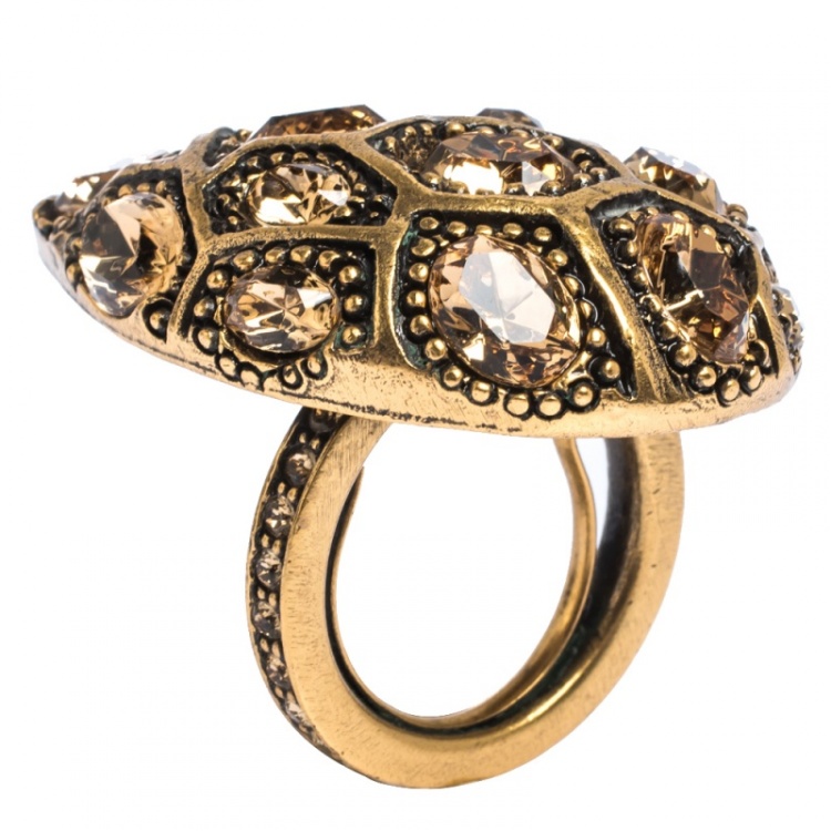 Pre Owned Oscar de la Renta Crystal Embellished Gold Tone Clip-on Drop Earrings & Ring Set