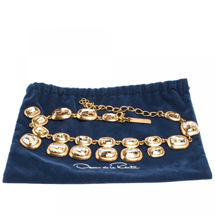 Pre Owned Oscar de la Renta Crystal Embellished Gold Tone Necklace