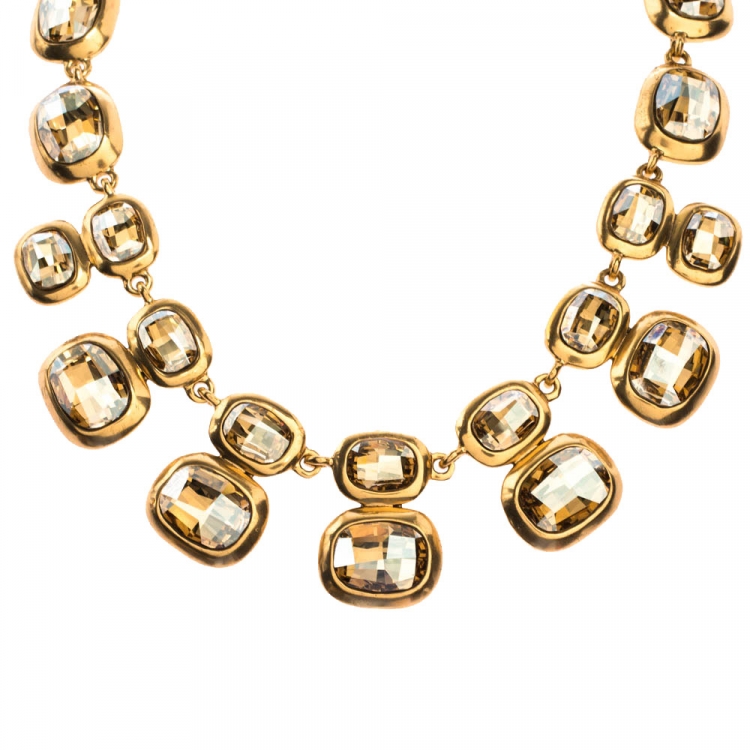 Pre Owned Oscar de la Renta Crystal Embellished Gold Tone Necklace