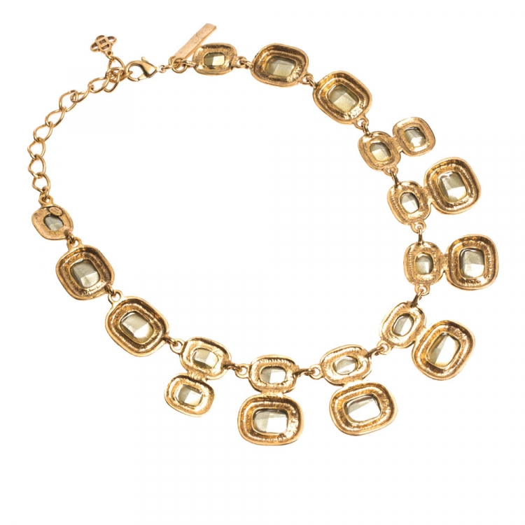 Pre Owned Oscar de la Renta Crystal Embellished Gold Tone Necklace