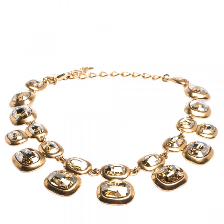 Pre Owned Oscar de la Renta Crystal Embellished Gold Tone Necklace