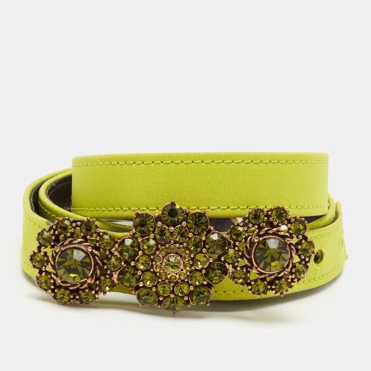 Pre Owned Oscar de la Renta Neon Green Fabric Crystal Embellished Belt L