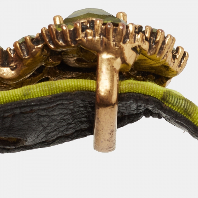 Pre Owned Oscar de la Renta Neon Green Fabric Crystal Embellished Belt L