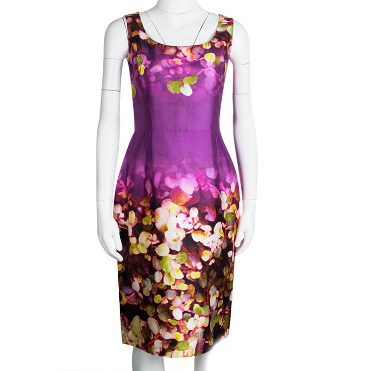 Pre Owned Oscar De La Renta Multicolor Digital Floral Print Sleeveless Dress L