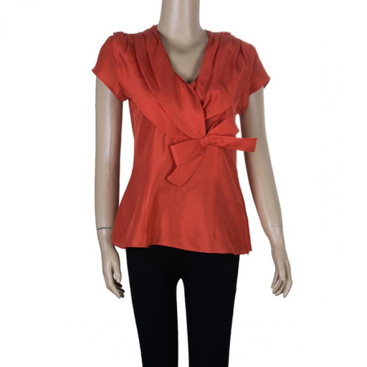 Pre Owned Oscar de la Renta Red Silk Bow Top S