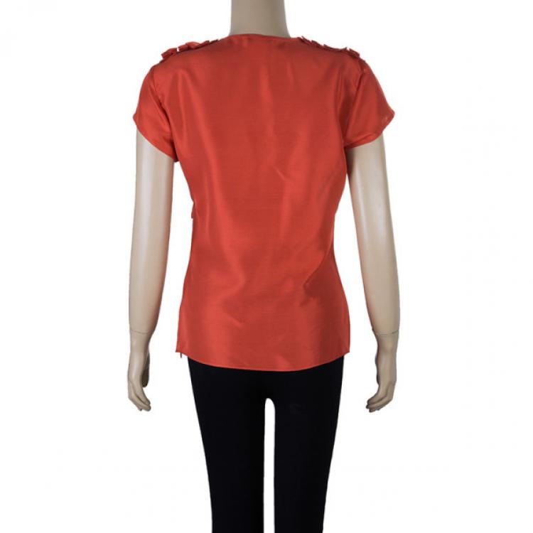 Pre Owned Oscar de la Renta Red Silk Bow Top S