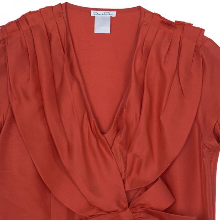 Pre Owned Oscar de la Renta Red Silk Bow Top S