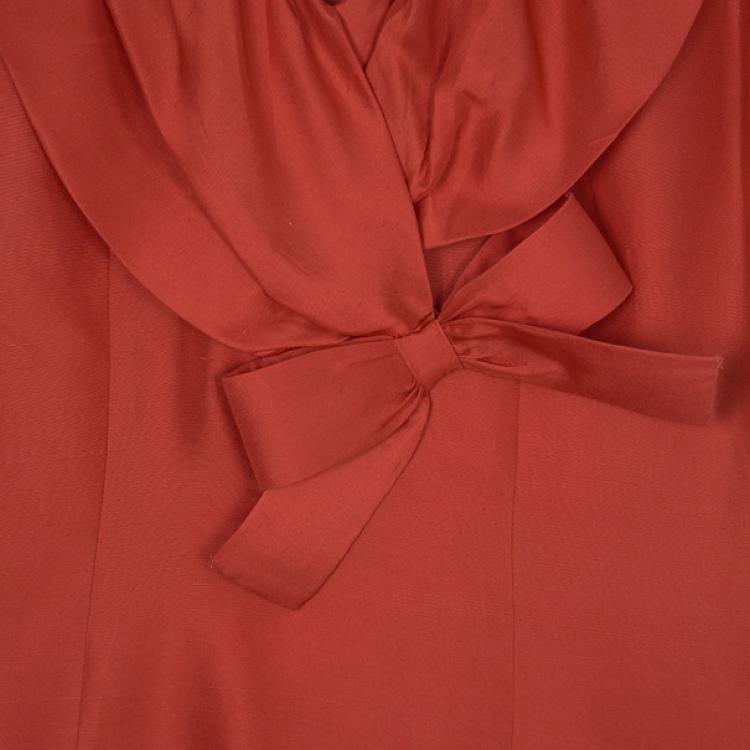 Pre Owned Oscar de la Renta Red Silk Bow Top S
