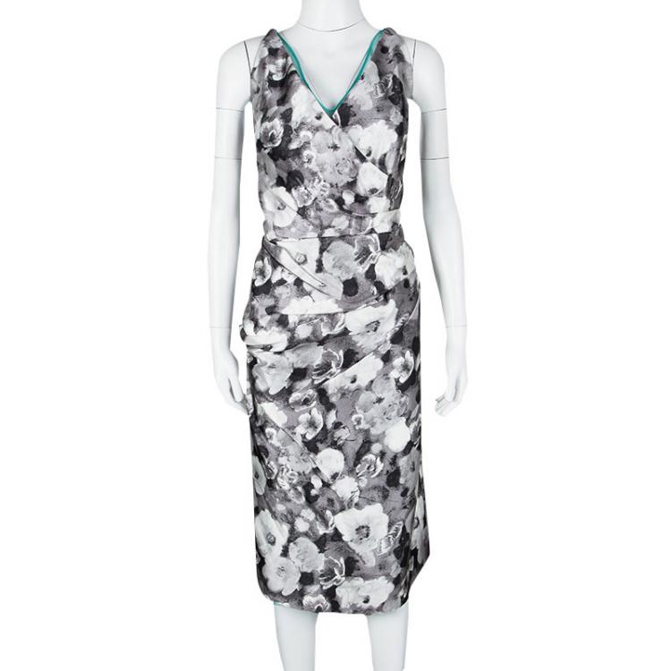 Pre Owned Oscar De La Renta Grey Floral Print Contrast Lined Draped Sleeveless Dress XL