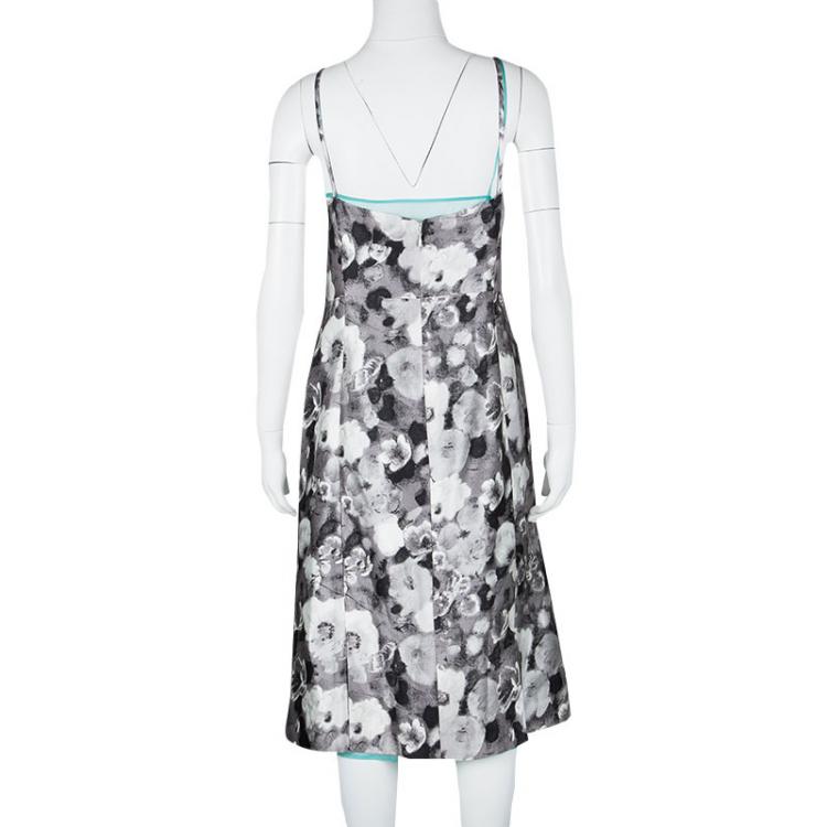 Pre Owned Oscar De La Renta Grey Floral Print Contrast Lined Draped Sleeveless Dress XL