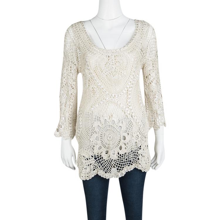Pre Owned Oscar De La Renta Cream Foil Printed Crochet Knit Long Sleeve Blouse S