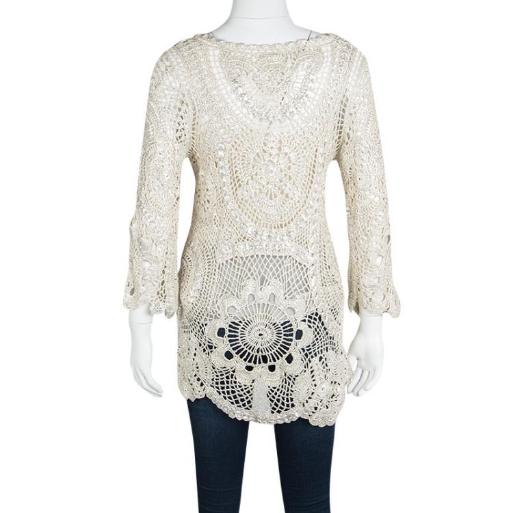 Pre Owned Oscar De La Renta Cream Foil Printed Crochet Knit Long Sleeve Blouse S