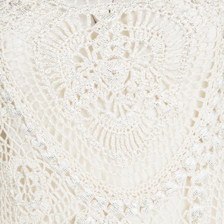 Pre Owned Oscar De La Renta Cream Foil Printed Crochet Knit Long Sleeve Blouse S