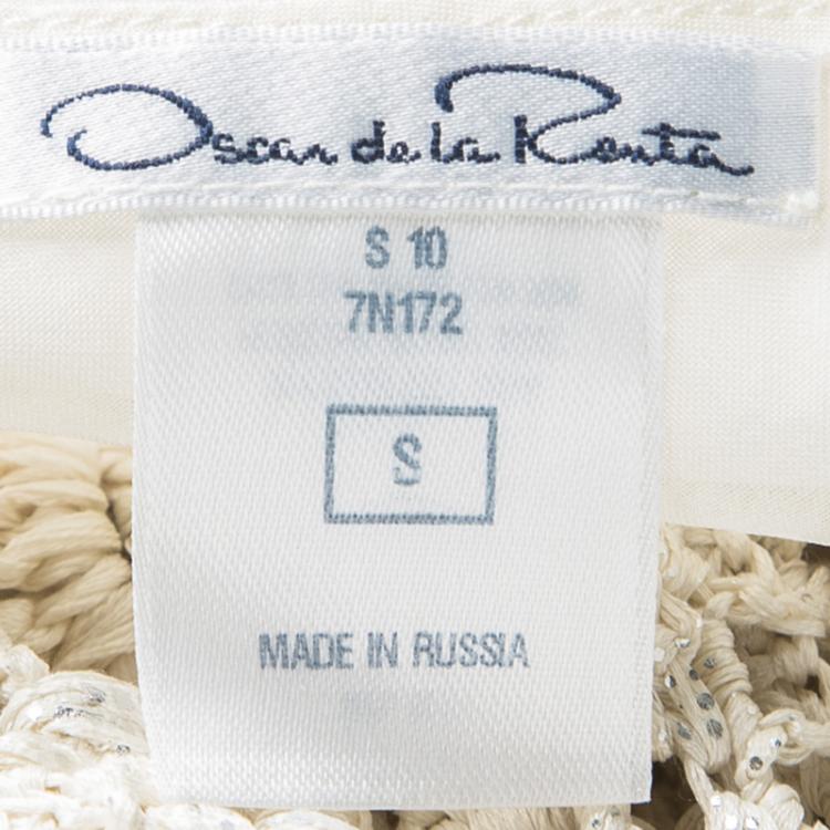 Pre Owned Oscar De La Renta Cream Foil Printed Crochet Knit Long Sleeve Blouse S