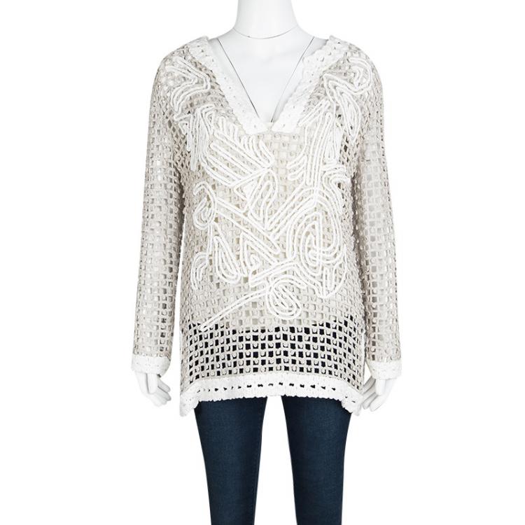 Pre Owned Oscar De La Renta Brown and White Chunky Crochet Knit Long Sleeve Blouse L