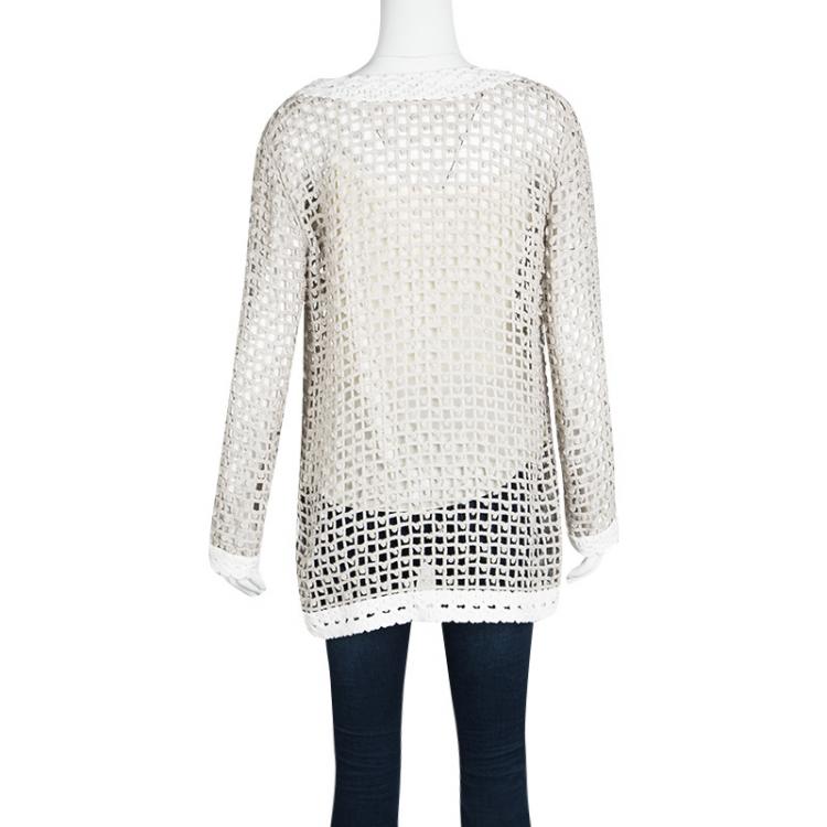 Pre Owned Oscar De La Renta Brown and White Chunky Crochet Knit Long Sleeve Blouse L