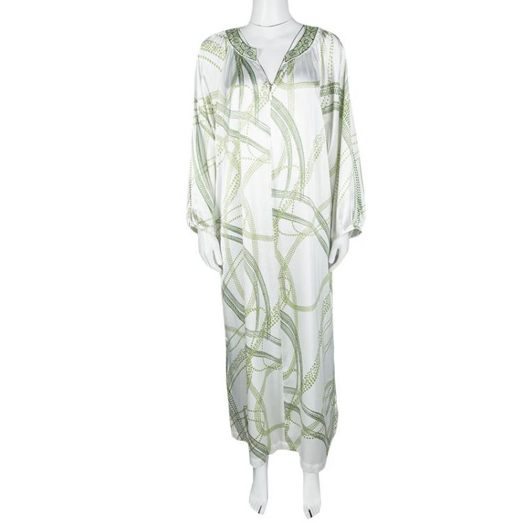 Pre Owned Oscar De La Renta White and Green Printed Embroidered Neck Kaftan L