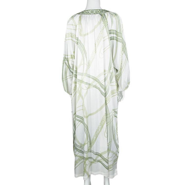 Pre Owned Oscar De La Renta White and Green Printed Embroidered Neck Kaftan L