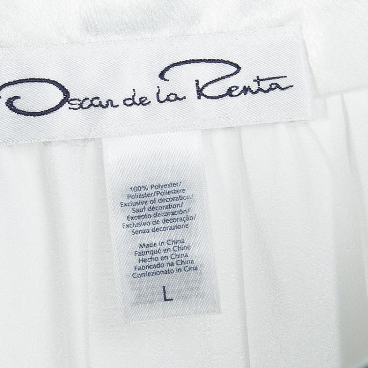 Pre Owned Oscar De La Renta White and Green Printed Embroidered Neck Kaftan L