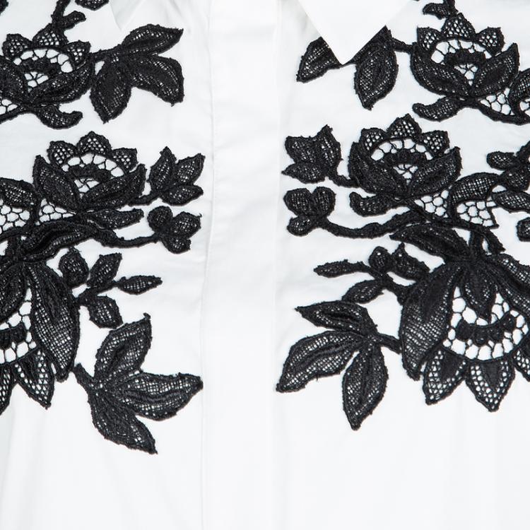 Pre Owned Oscar De La Renta White Stretch Cotton Contrast Lace Applique Detail Shirt M