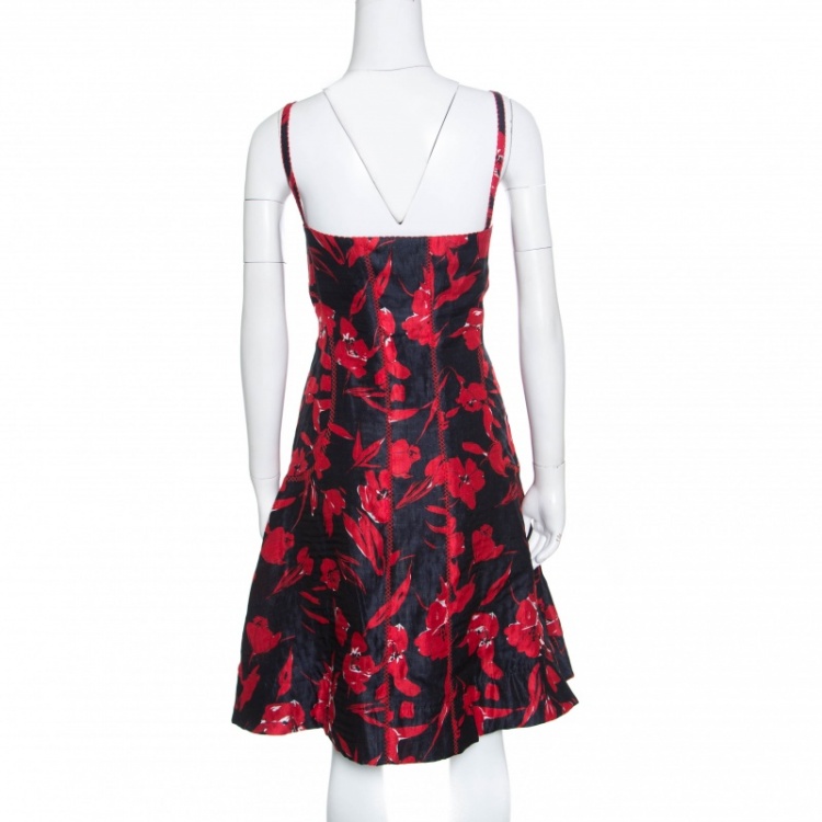 Pre Owned Oscar de la Renta Black and Red Floral Print Embroidered Sleeveless Sundress M