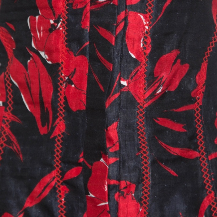 Pre Owned Oscar de la Renta Black and Red Floral Print Embroidered Sleeveless Sundress M