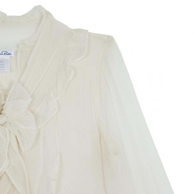 Pre Owned Oscar de la Renta White Front Ruffle Chiffon Top S