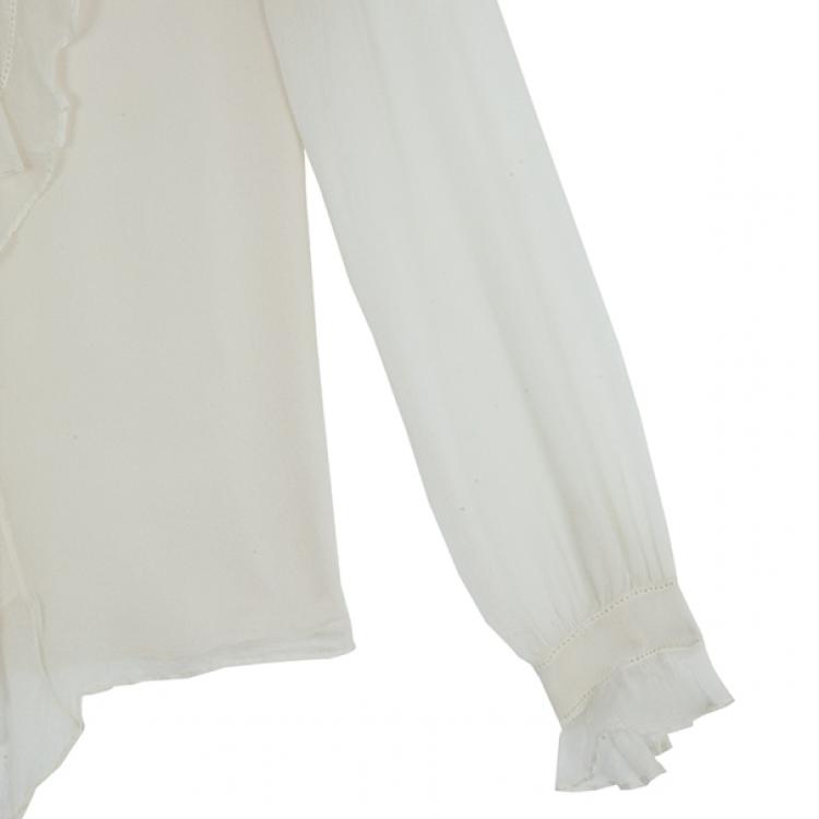 Pre Owned Oscar de la Renta White Front Ruffle Chiffon Top S