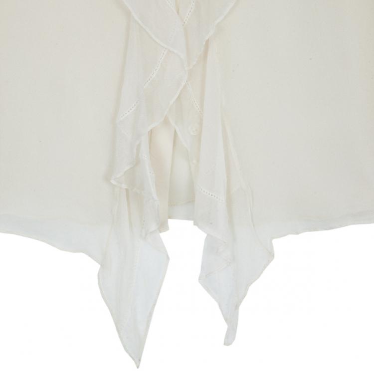 Pre Owned Oscar de la Renta White Front Ruffle Chiffon Top S