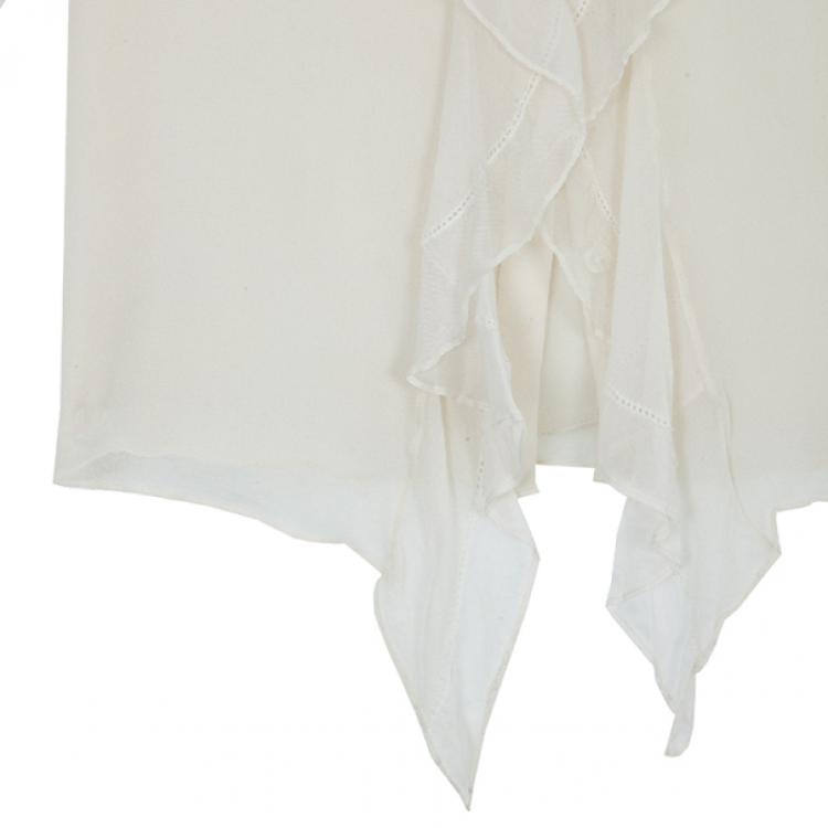 Pre Owned Oscar de la Renta White Front Ruffle Chiffon Top S