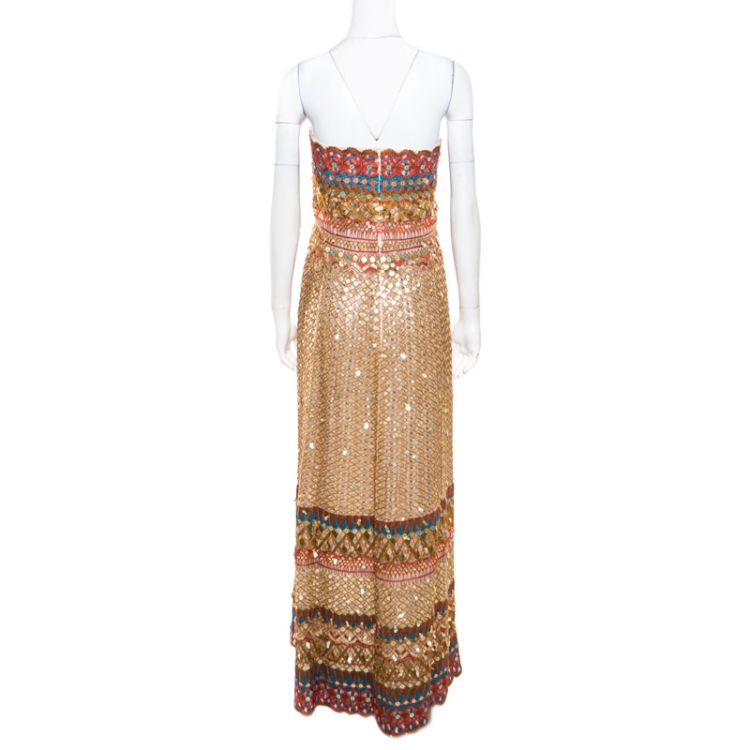 Pre Owned Oscar de la Renta Multicolor Embroidered Sequin Embellished Strapless Gown L