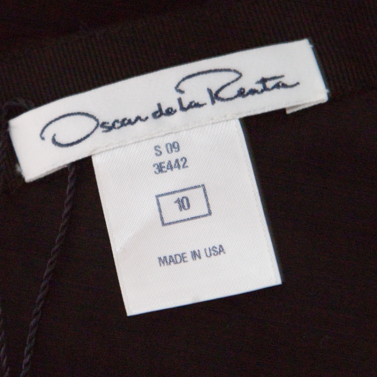 Pre Owned Oscar de la Renta Black Pleated Silk Lace Insert Skirt L