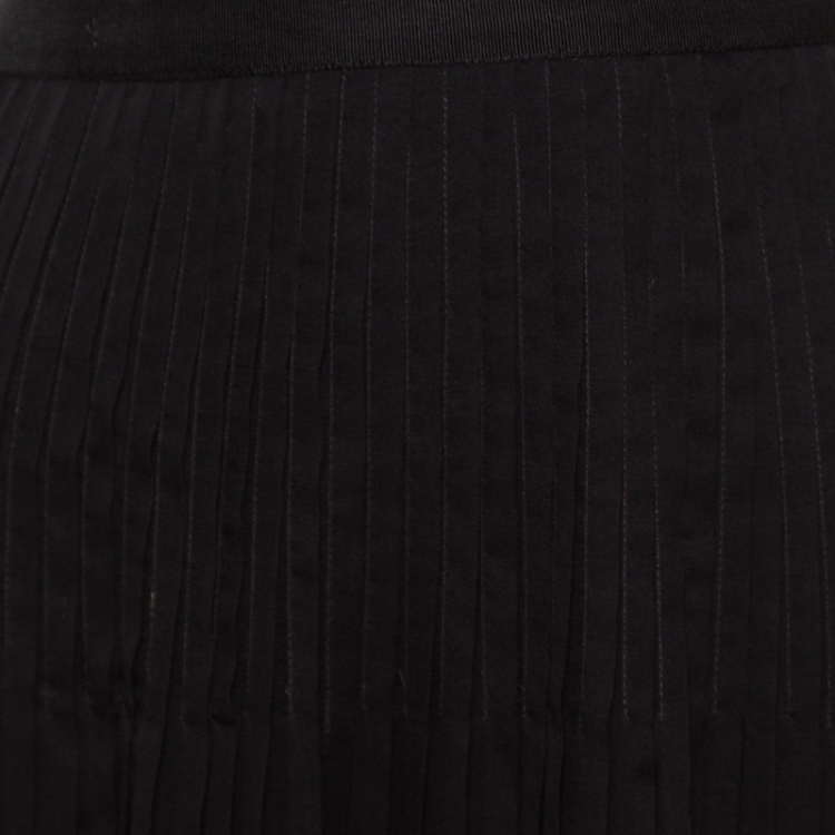Pre Owned Oscar de la Renta Black Pleated Silk Lace Insert Skirt L
