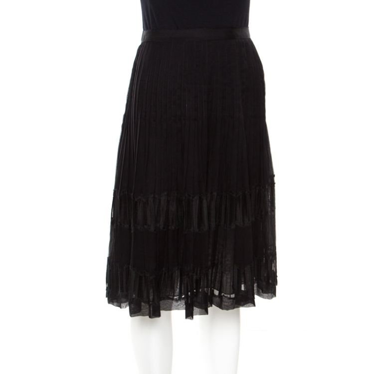 Pre Owned Oscar de la Renta Black Pleated Silk Lace Insert Skirt L