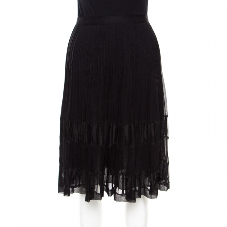 Pre Owned Oscar de la Renta Black Pleated Silk Lace Insert Skirt L