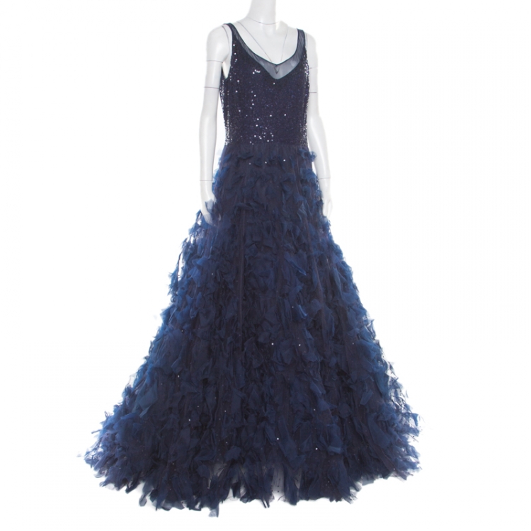Pre Owned Oscar de la Renta Navy Blue Embellished Tulle Faux Feather Gown XL