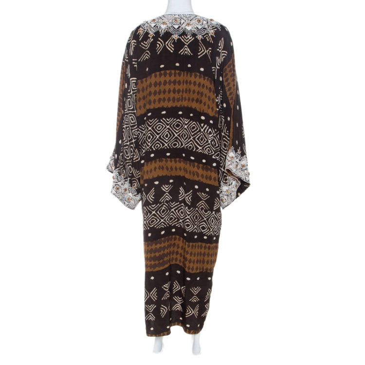 Pre Owned Oscar De La Renta Brown Tribal Print Silk Embroidered Kaftan Dress M