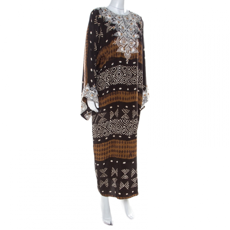Pre Owned Oscar De La Renta Brown Tribal Print Silk Embroidered Kaftan Dress M