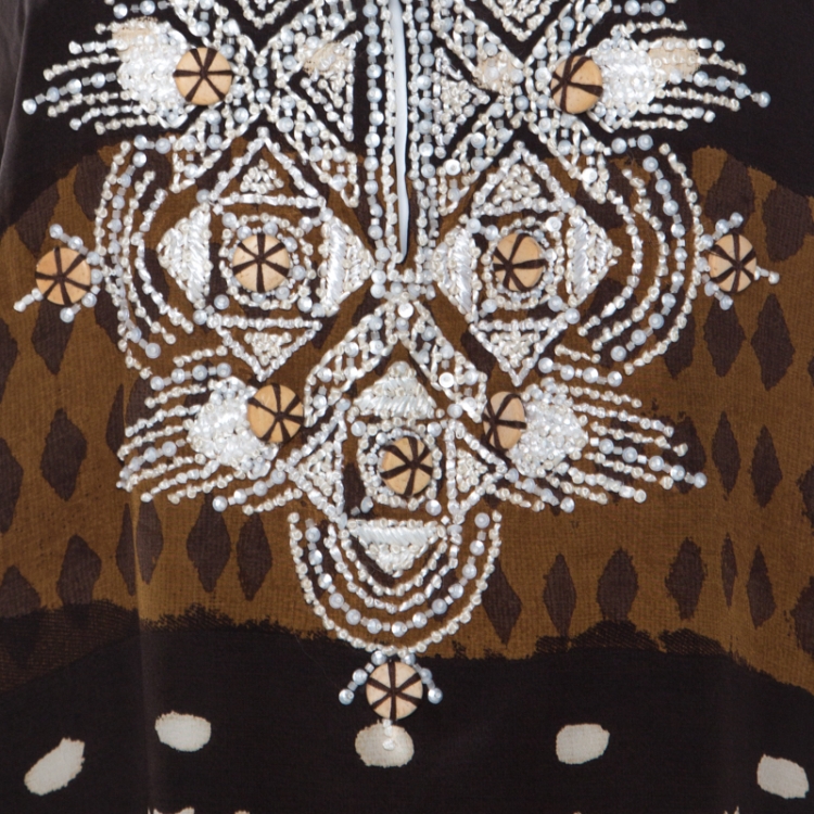 Pre Owned Oscar De La Renta Brown Tribal Print Silk Embroidered Kaftan Dress M