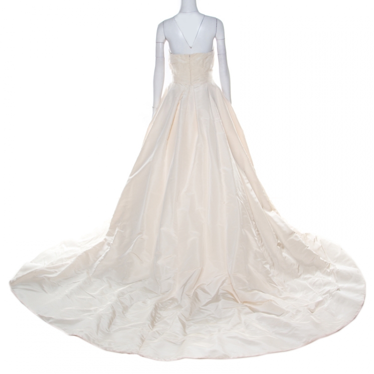 Pre Owned Oscar de la Renta Off White Embellished Silk Strapless Layered Tulle Wedding Gown L