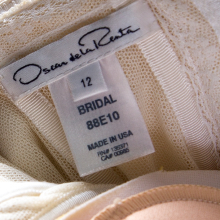 Pre Owned Oscar de la Renta Off White Embellished Silk Strapless Layered Tulle Wedding Gown L
