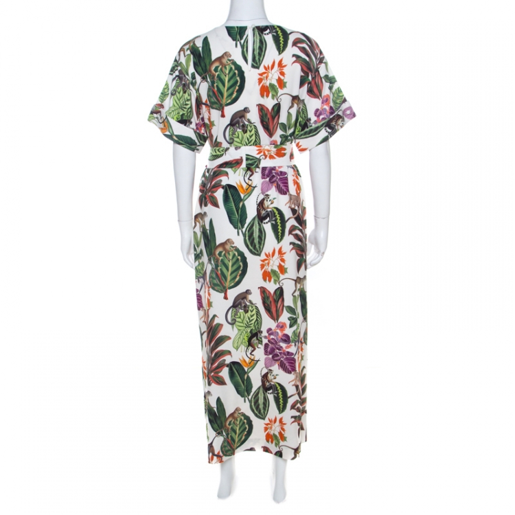 Pre Owned Oscar de la Renta White Jungle Print Silk Stretch Maxi Dress S